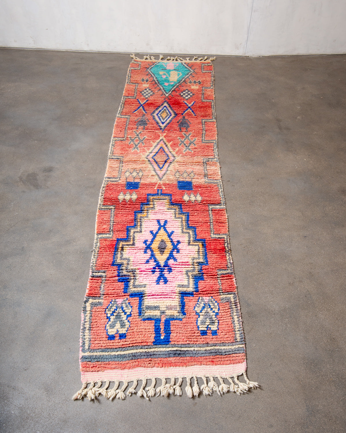 Modern, designer, handcrafted Berber runner rug from Morocco. Vintage carpet with beautiful colours and patterns and fluffy texture.
